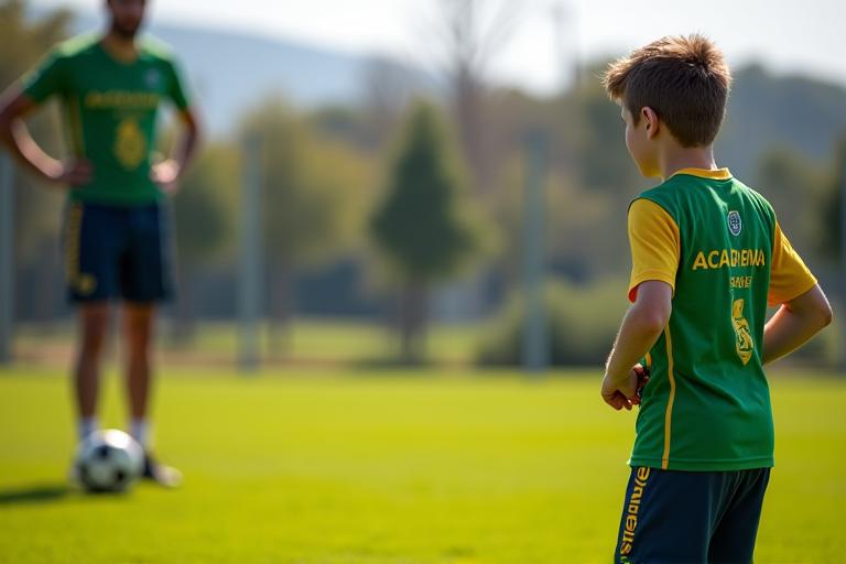 Uma criança a jogar futebol com um treinador ao fundo, focado na segurança durante o aquecimento.
